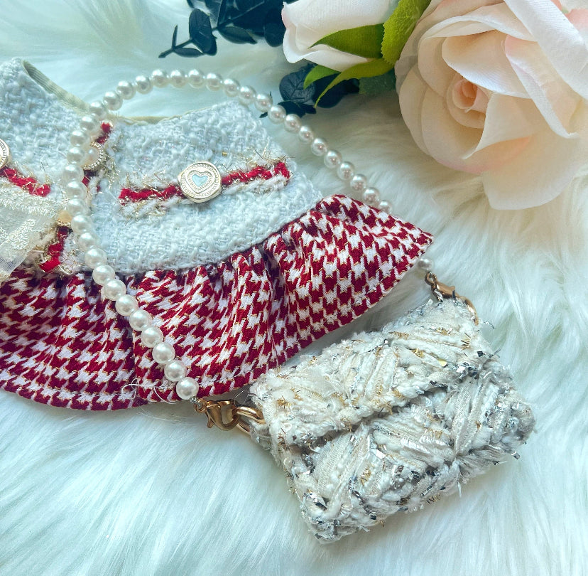 GDC0934 優雅千鳥格小香風圍巾(酒紅色)