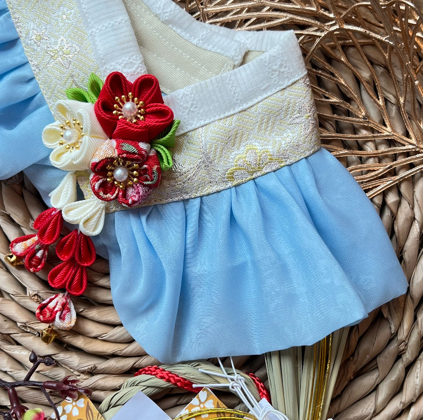 GDC0769 金線韓服紗紗圍巾(淺黃配天藍紗)