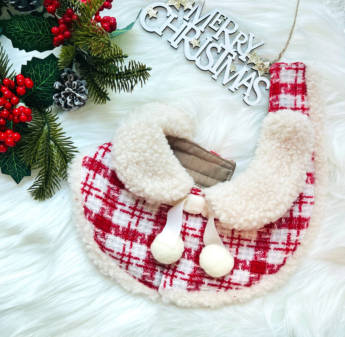 KAI0453 紅格毛毛披肩圍巾