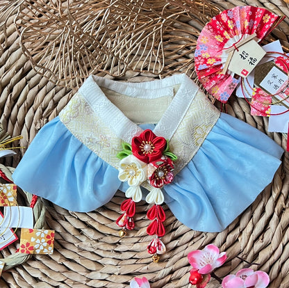 GDC0769 金線韓服紗紗圍巾（淺黃配天藍紗）