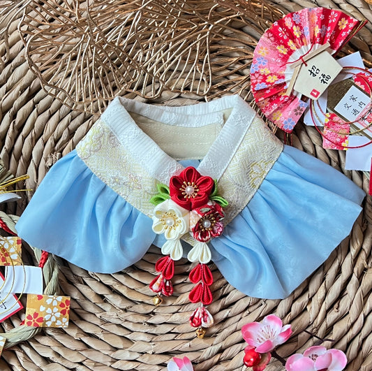 GDC0769 金線韓服紗紗圍巾（淺黃配天藍紗）