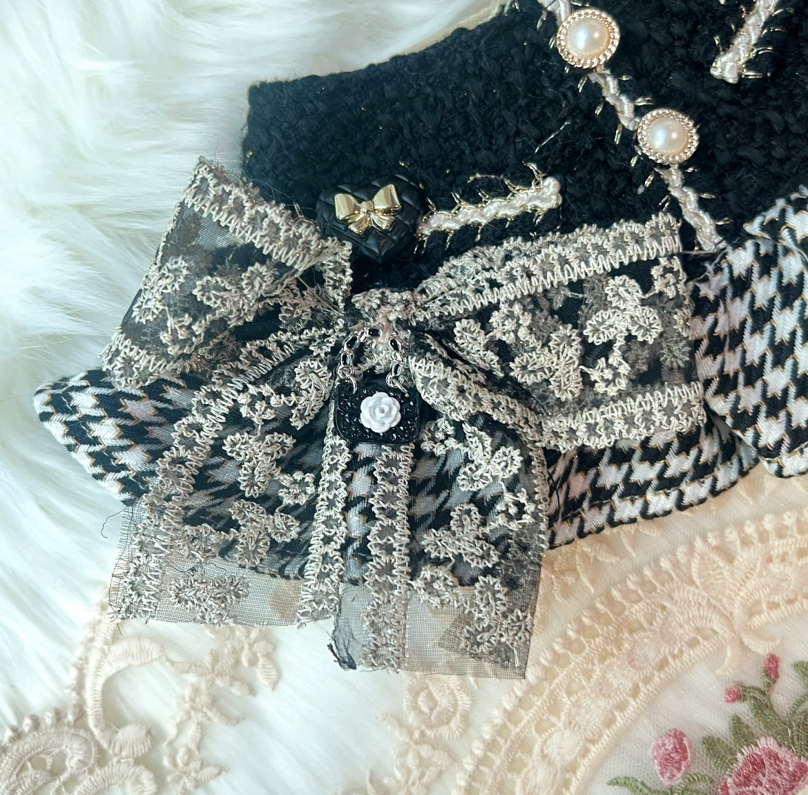 GDC0933 優雅千鳥格小香風圍巾（黑色）