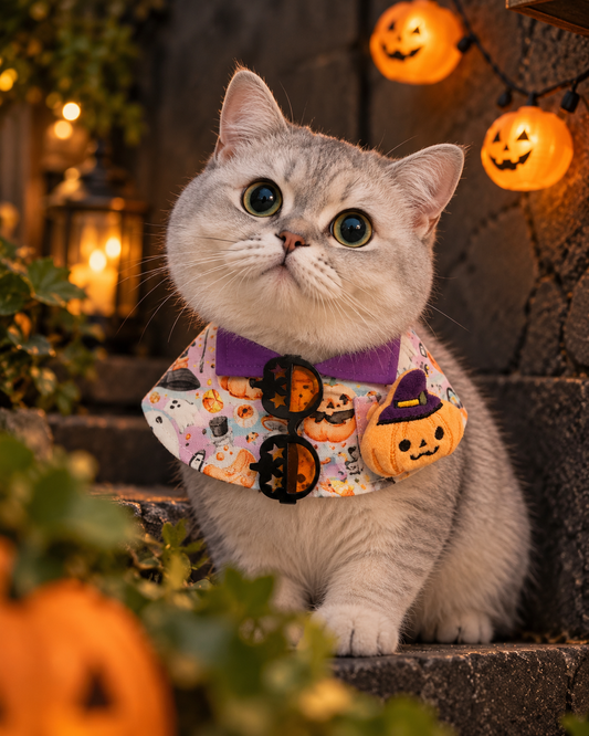 Sparkly Halloween Pumpkin Pet Scarf with Black Pumpkin Glasses