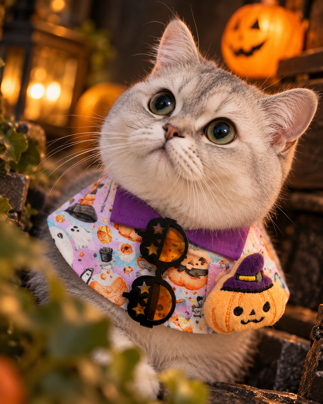Sparkly Halloween Pumpkin Pet Scarf with Black Pumpkin Glasses