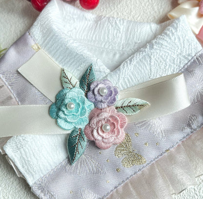 Floral Embroidery Scarf（Light purple with pink chiffon）刺繡花韓服領巾（淺紫配粉紅紗）