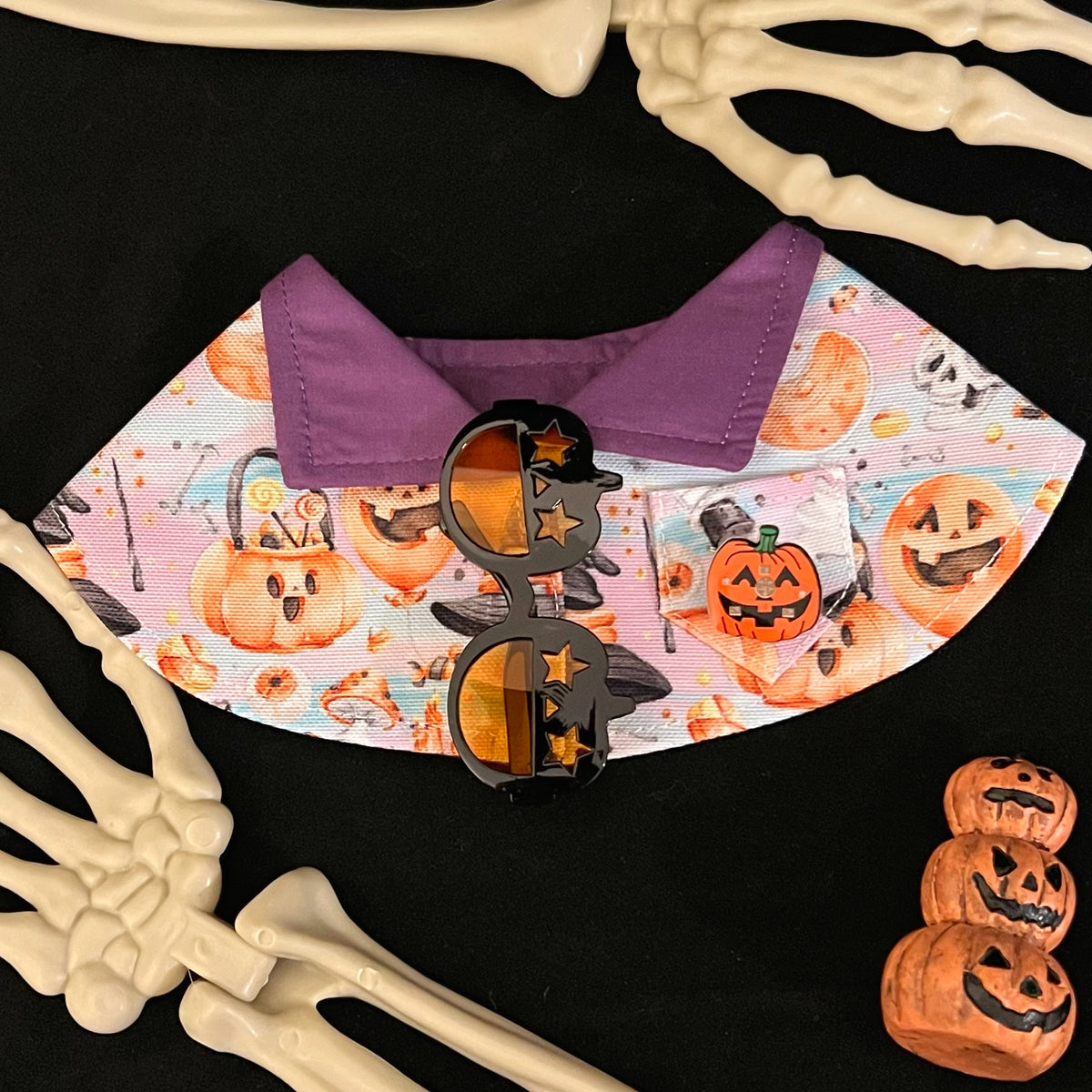 Sparkly Halloween Pumpkin Pet Scarf with Black Pumpkin Glasses