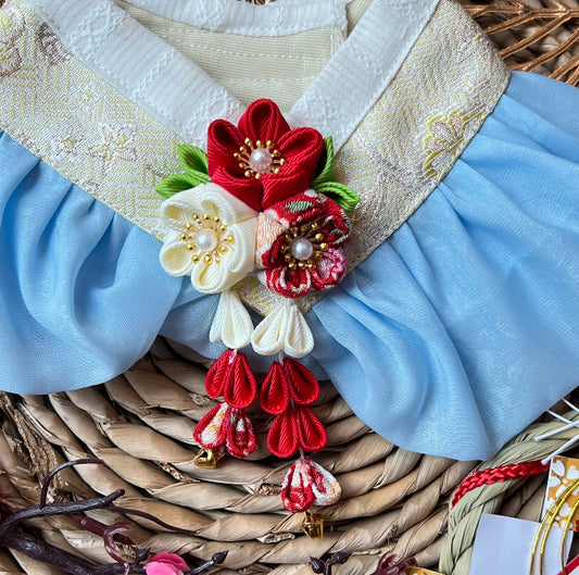 Golden Thread Hanbok Tulle Pet Scarf - Yellow Sky Blue product image 2 | GutsDogCom