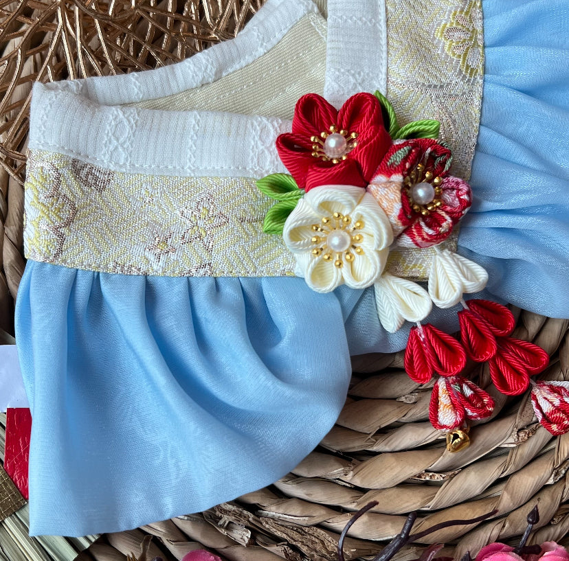 GDC0769 金線韓服紗紗圍巾（淺黃配天藍紗）