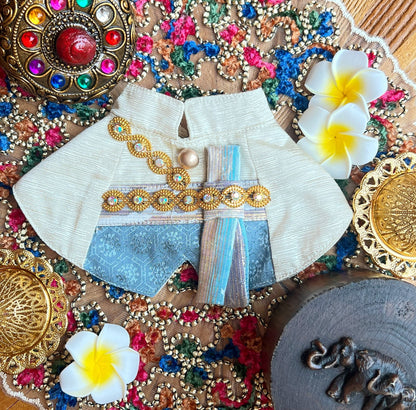 Kun Luo Men's Thai Scarf (Light Gold + Aqua Blue) Kun Luo男泰服圍巾 (淺金+水藍色）
