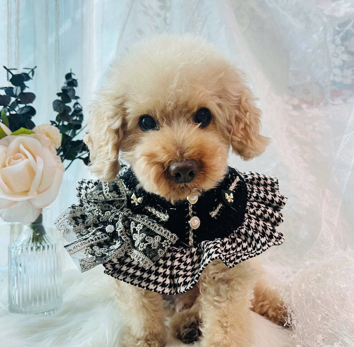 GDC0933 優雅千鳥格小香風圍巾（黑色）