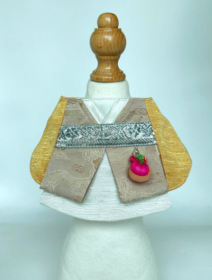 Traditional Korean Hanbok with Waist Pouch Scarf (Golden with milky beige) 傳統韓服掛袋圍巾（黃金配奶茶色）