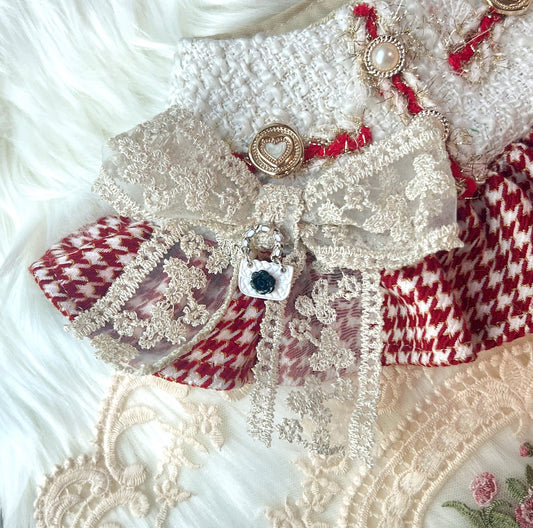 GDC0934 優雅千鳥格小香風圍巾（酒紅色）