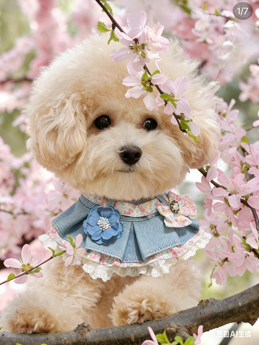 Light Blue Denim Floral Pleated Pet Scarf product image 2 | GutsDogCom