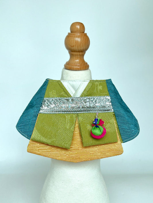 Traditional Korean Hanbok with Waist Pouch Scarf (Ocean blue with emerald green) 傳統韓服掛袋圍巾(海藍翠綠色)