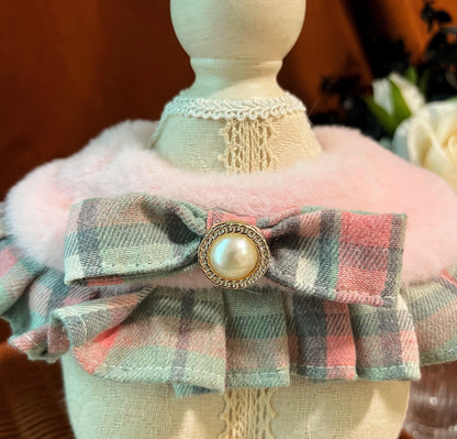 Lady Pink and Green Checked Fuzzy Cape 貴婦粉毛披肩圍巾（粉綠格）