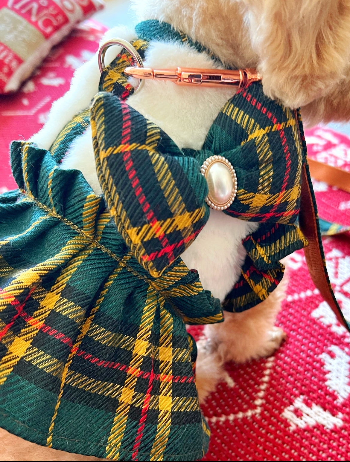 GDC0507 復古格胸背帶（白毛毛）不連拖繩