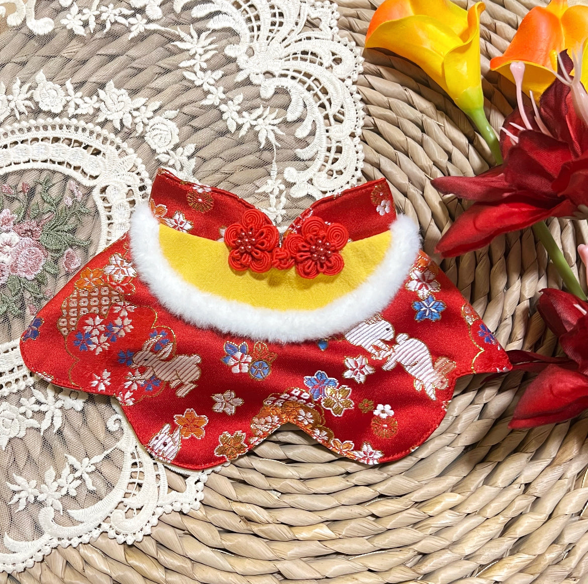 KAI0539 唐裝毛毛領女款圍巾  (紅色)