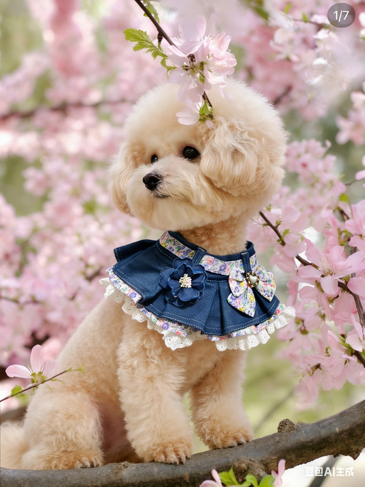Dark Blue Denim Purple Floral Pleated Pet Scarf product image 2 | GutsDogCom