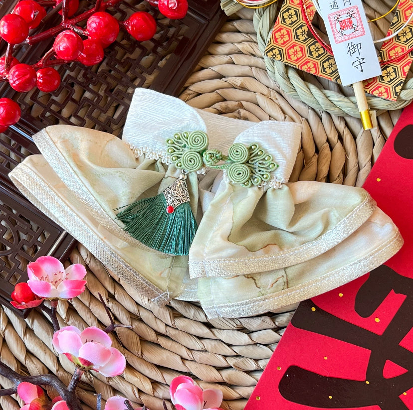 GDC0757 水墨中式披紗（青黃配白金邊）