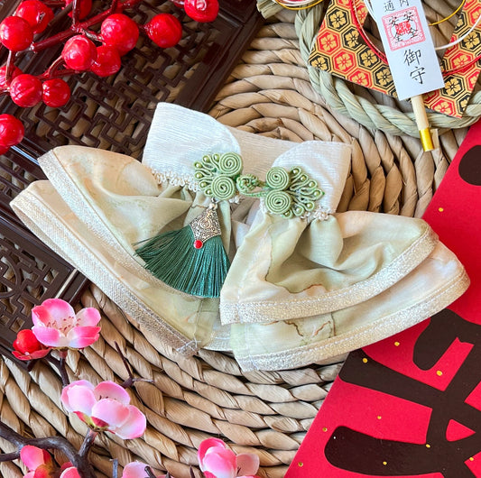 GDC0757 水墨中式披紗（青黃配白金邊）