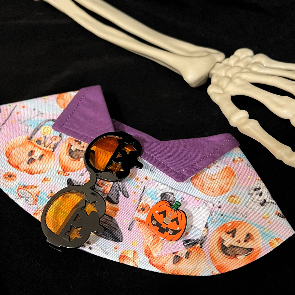 Sparkly Halloween Pumpkin Pet Scarf with Black Pumpkin Glasses