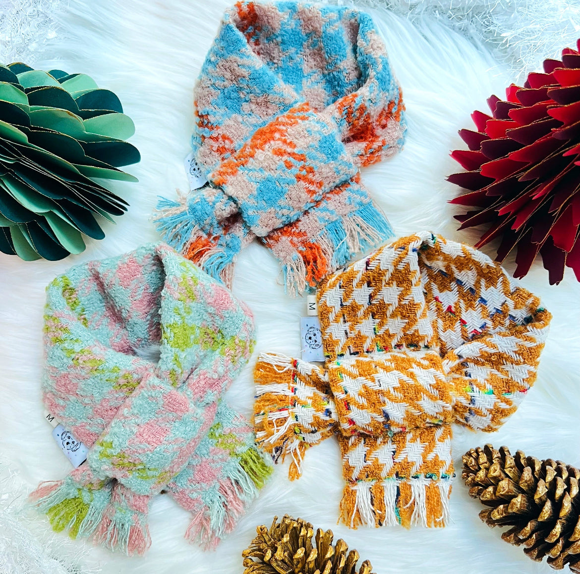 Sky Blue and Orange Houndstooth Scarf 撞色天藍拼橙千鳥格頸巾