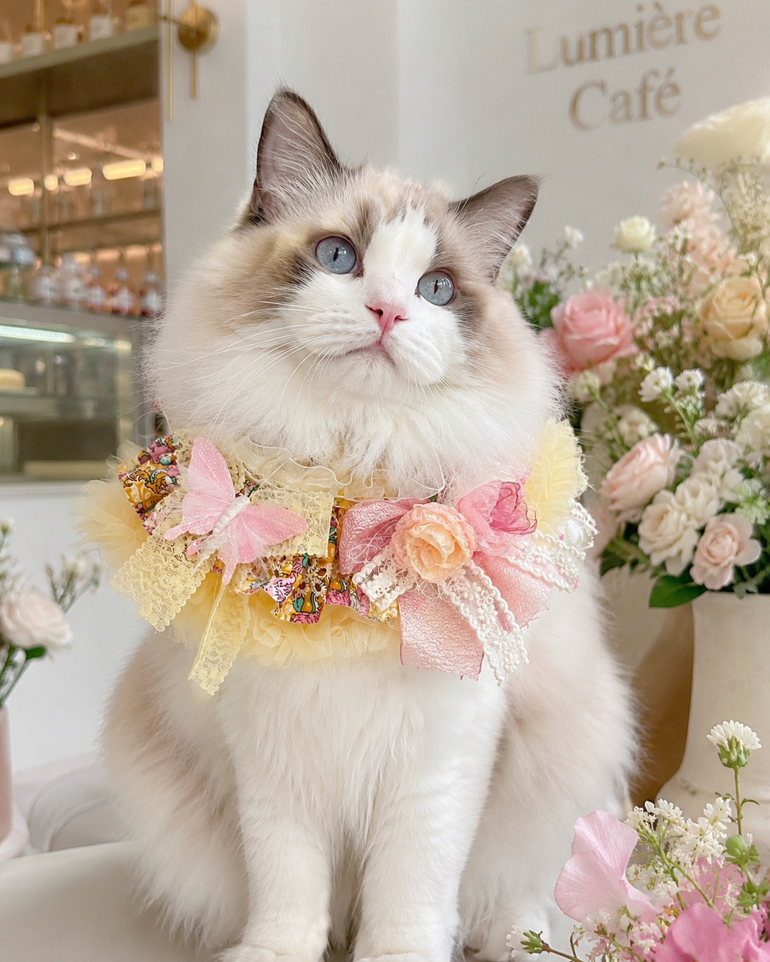Butterfly Fairy Floral Embroidered Pet Scarf - Yellow Pink