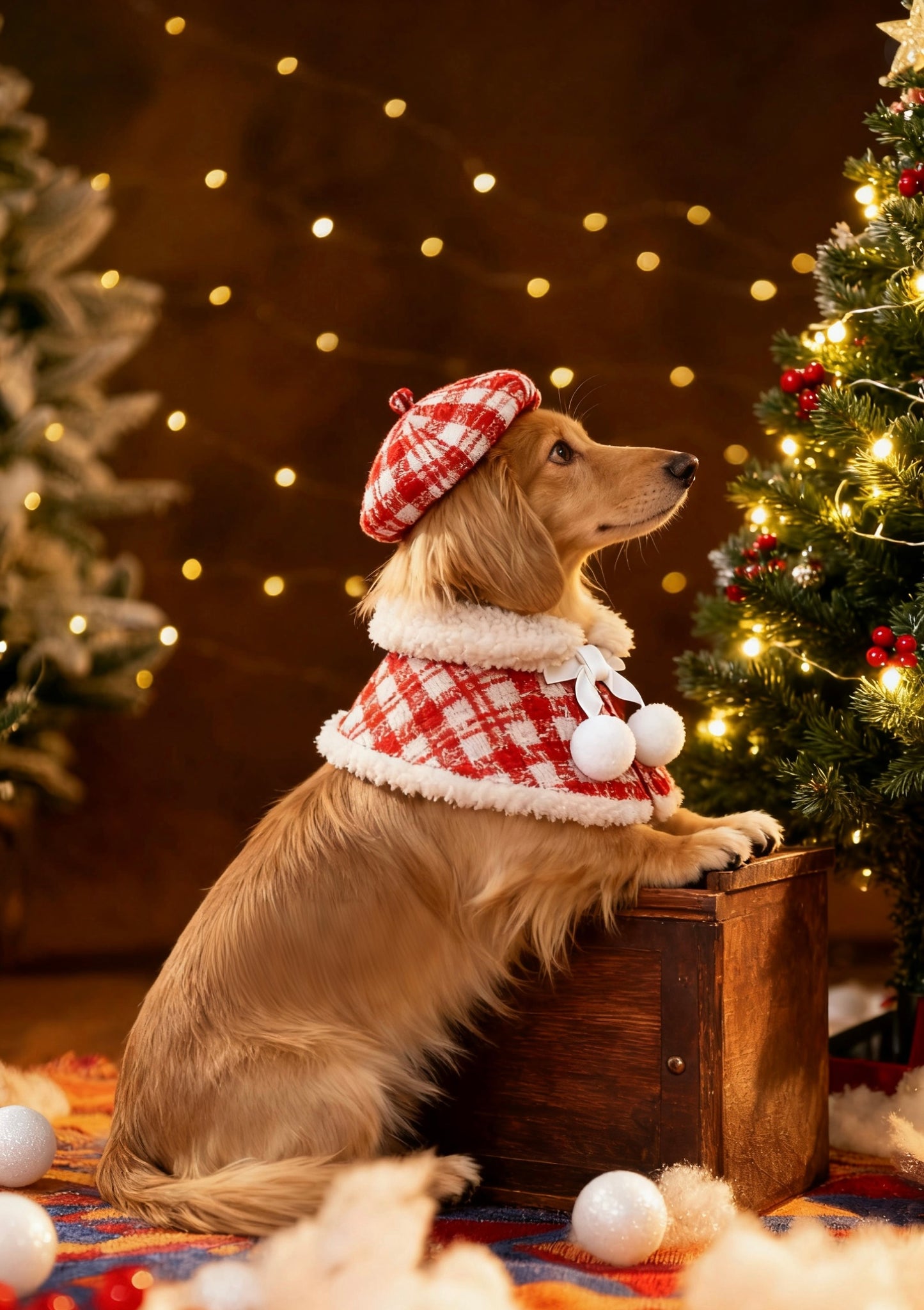 KAI0453 紅格毛毛披肩圍巾