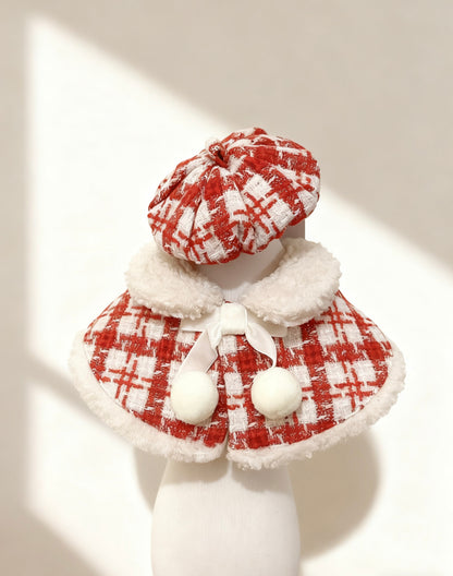 KAI0453 紅格毛毛披肩圍巾