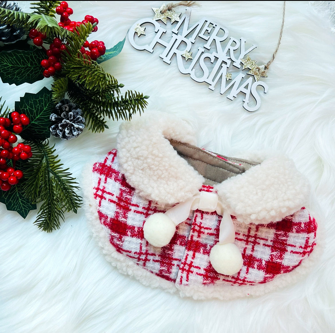 KAI0453 紅格毛毛披肩圍巾