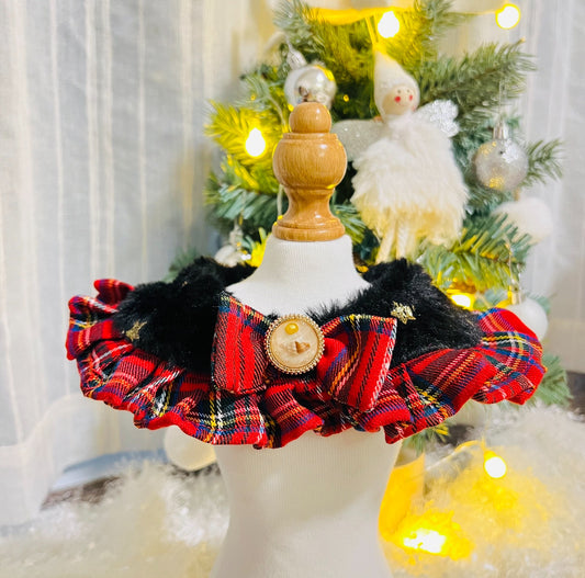 GDC0473 燙星毛毛紅格仔圍巾（黑毛毛）