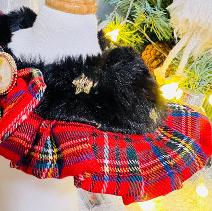 GDC0473 燙星毛毛紅格仔圍巾（黑毛毛）