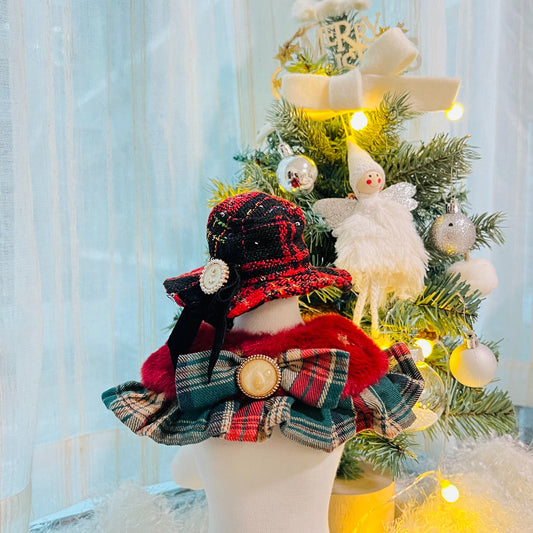 Foil Star Faux Fur Green Plaid Pet Scarf - Red Fur product image 2 | GutsDogCom