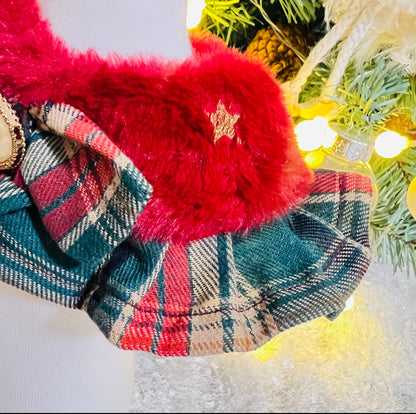 GDC0468 燙星毛毛綠格仔圍巾（紅毛毛）